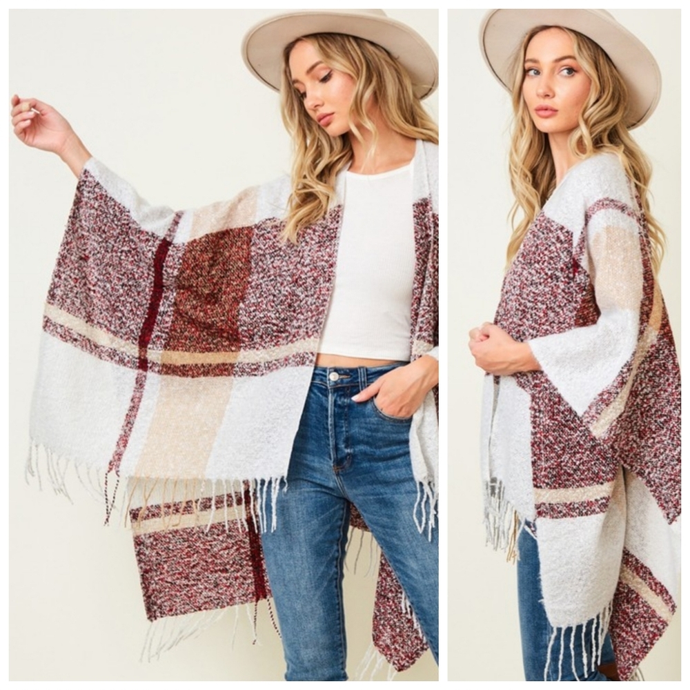 Oversized Plaid Poncho Tassel Fringe Trimmed Hem - Picture 2 of 6